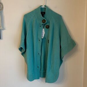Pure Women’s hand knit teal blue knit shawl poncho big buttons one size NWT!